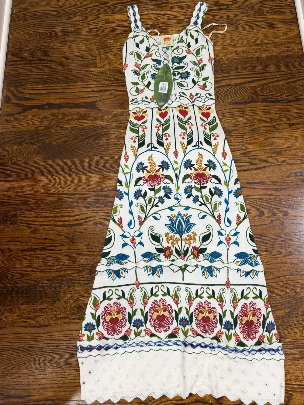 Farm Rio Garden Stitched sleeveless Floral Embroidered White Midi Dress, NWT